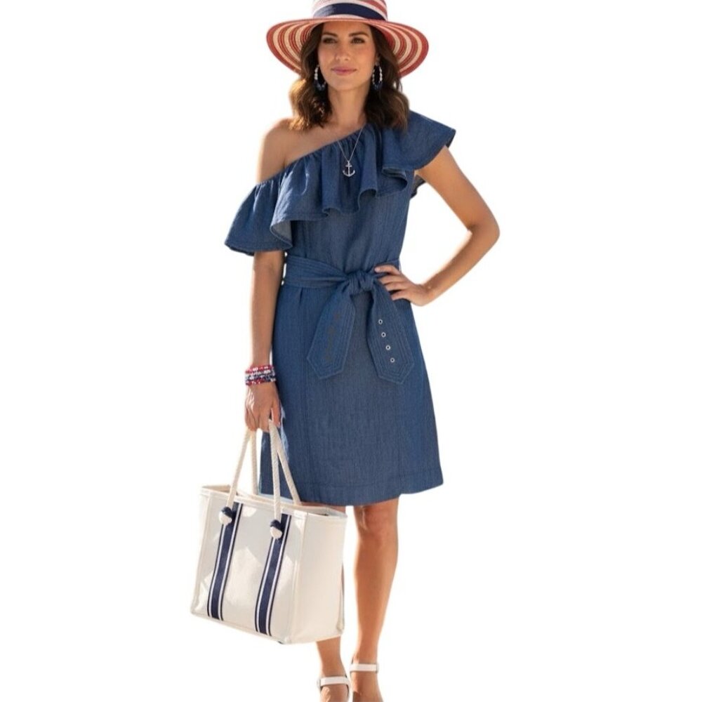 Trina Turk One Shoulder Mayreau Chambray Ruffle Mini Dress Belt Denim Size 0